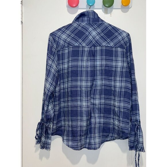 rails sky blue linen blend plaid button down top flowy frayed hem sleeve size XS - Picture 5 of 10